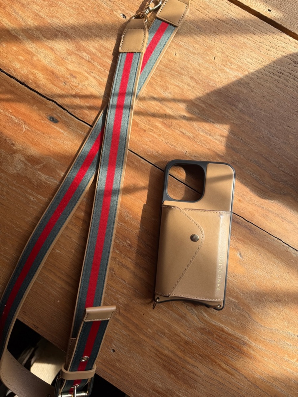 Bandolier Tan Leather Phone Case with Striped Crossbody Strap- iPhone 13